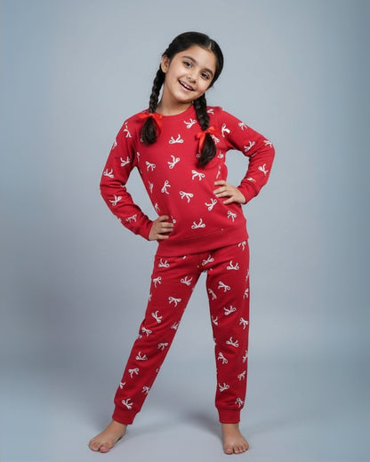 Red Signature Cotton Bow Printed Jogger Set for Girls