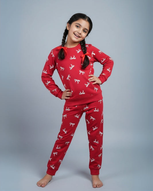 Red Signature Cotton Bow Printed Jogger Set for Girls