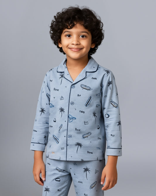 Blue Premium Cotton Full Sleeves Graphic Printed Collar Style Nightsuit for Boys & Girls