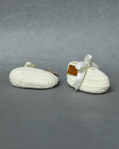 Off White Handmade Organic Thread Crochet Booties with Cute Bow Design