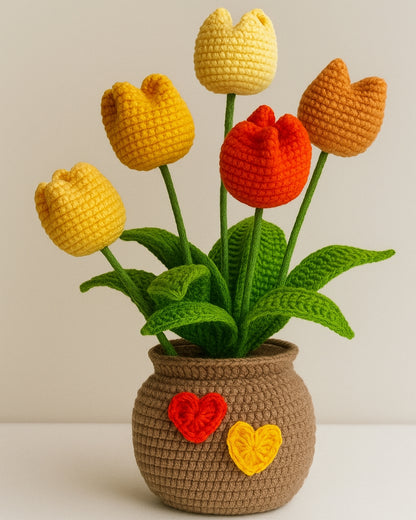 Handmade Crochet Multicolor Tulip Bouquet with Pot