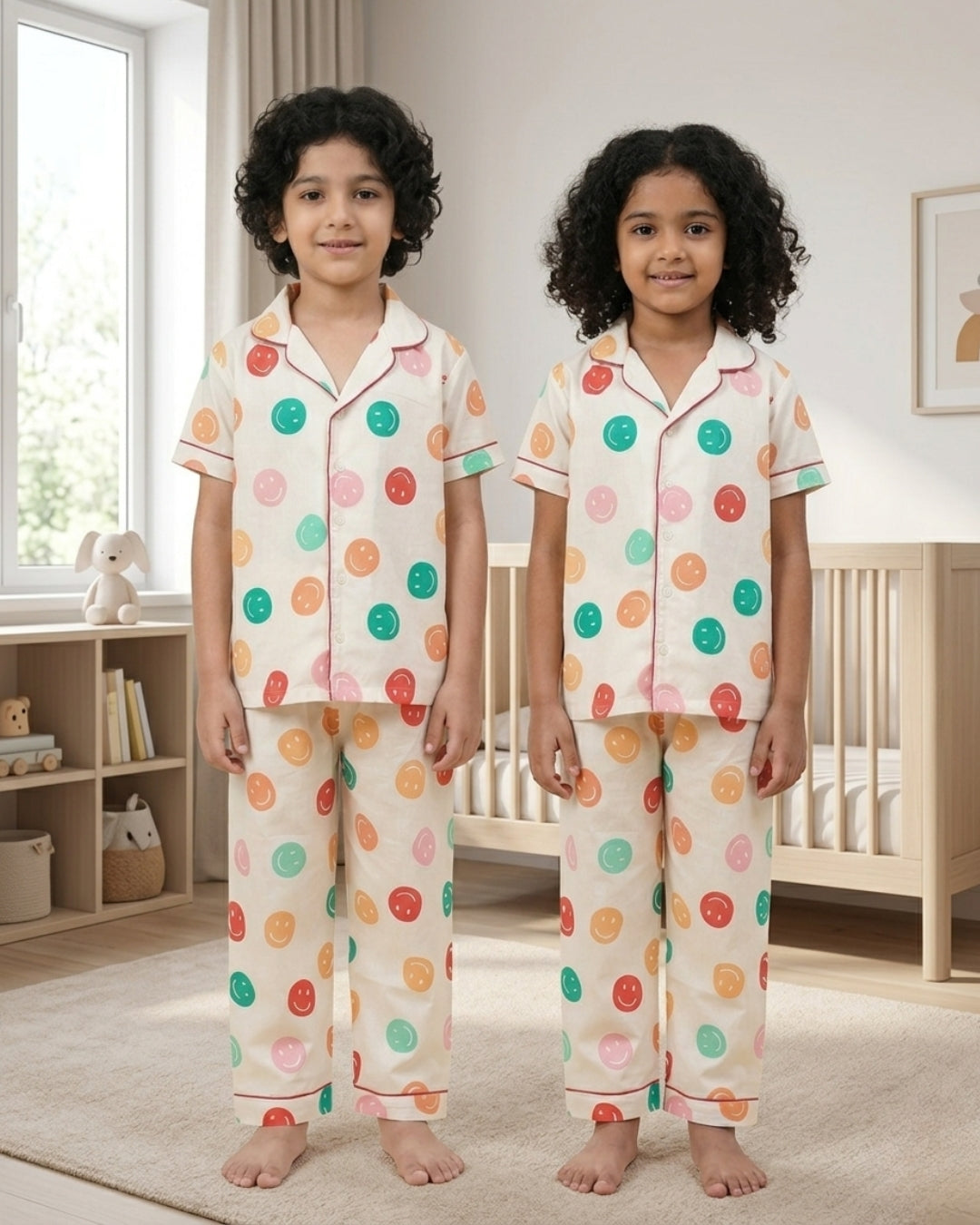 Off White Smiley Printed Cotton Kids Night Suit