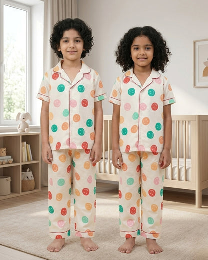 Off White Smiley Printed Cotton Kids Night Suit