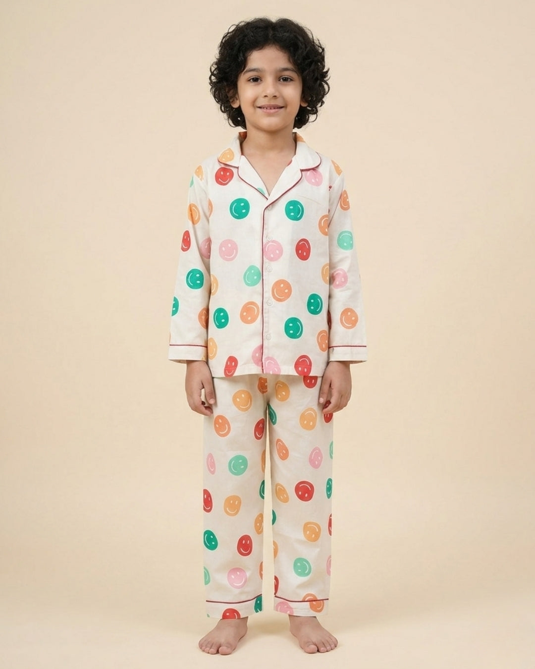 Off White Smiley Printed Cotton Kids Night Suit