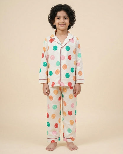 Off White Smiley Printed Cotton Kids Night Suit