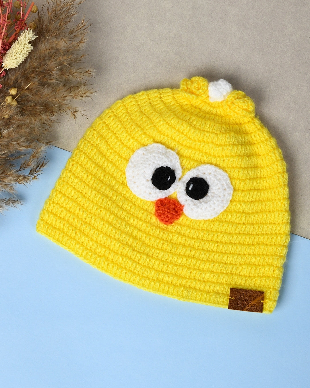Yellow Self Design Beanie Handmade Knitted Woollen Cap for Kids