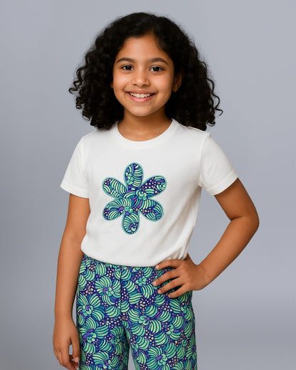 Floral Printed Premium Cotton Half Sleeves White T-Shirt with Multi Pyjama for Girls