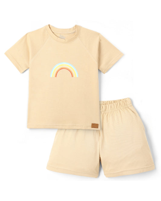 Beige Premium Cotton Raglan Sleeves Rainbow Printed T-Shirt And Shorts Set for Girls