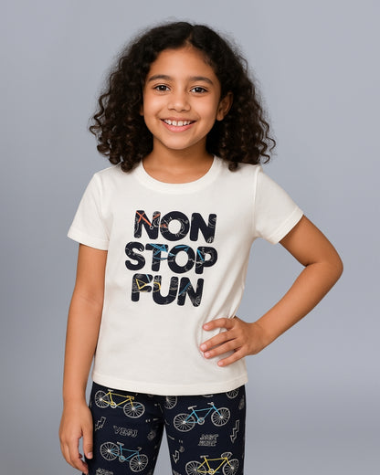 Bicycle Printed Premium Cotton Half Sleeves White T-Shirt with Navy Blue Pyjama for Boys & Girls