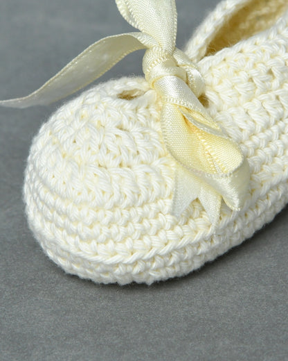 Off White Handmade Organic Thread Crochet Booties with Cute Bow Design