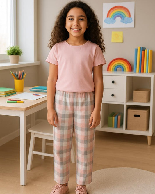 Light Pink Premium Cotton Checks Printed Half Sleeves T-Shirt & Pyjama Set for Girls