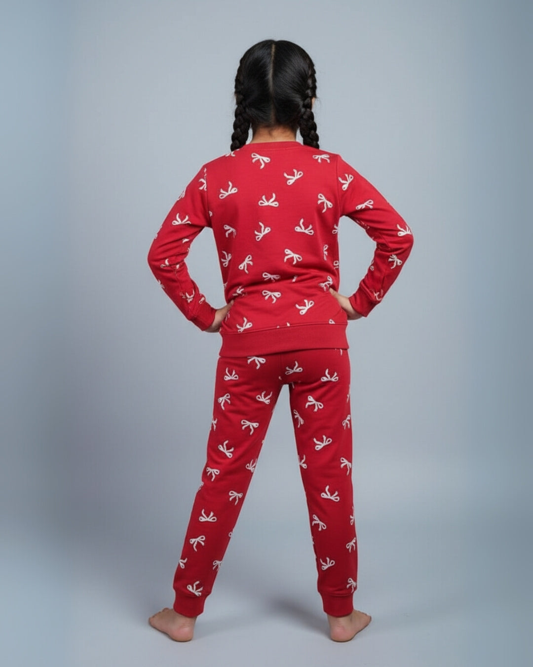 Red Signature Cotton Bow Printed Jogger Set for Girls