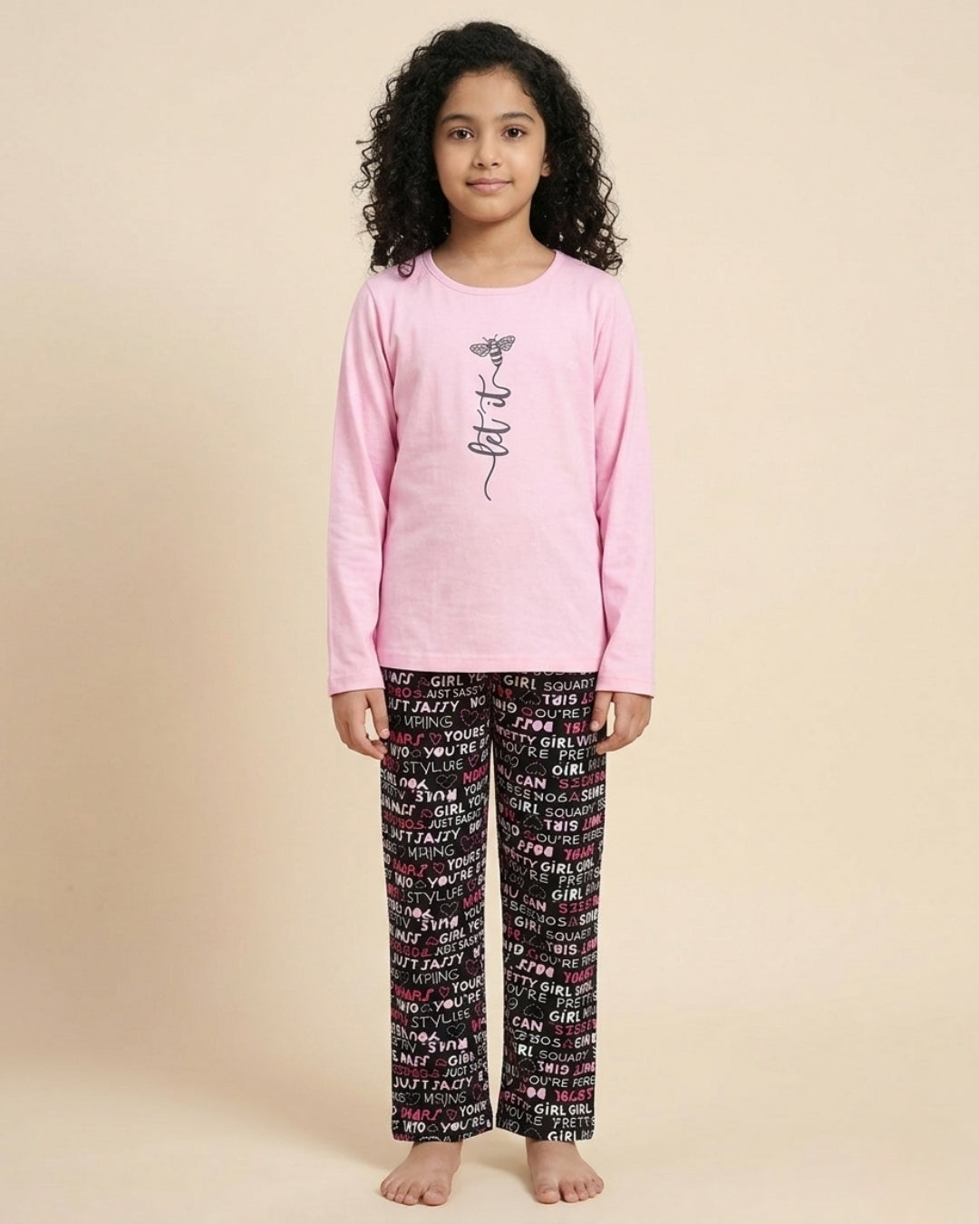 Pink & Black Typography Printed Night Dress for Girls