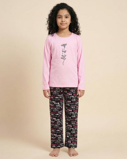 Pink & Black Typography Printed Night Dress for Girls