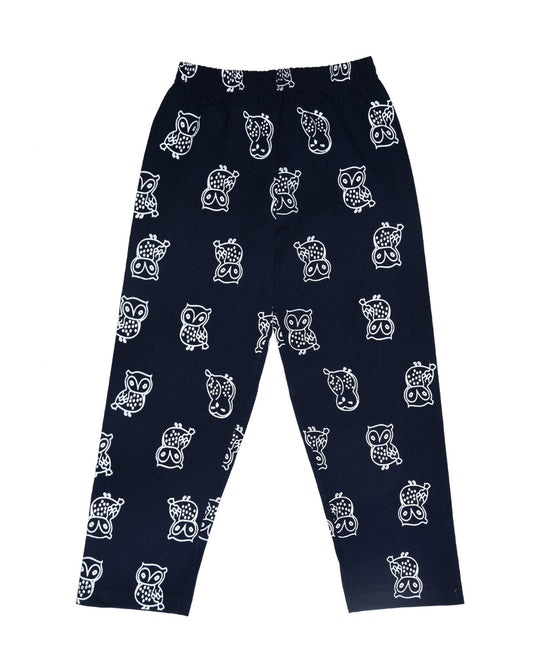 Navy Blue Cotton Knit Full Length Owl Printed Pajama