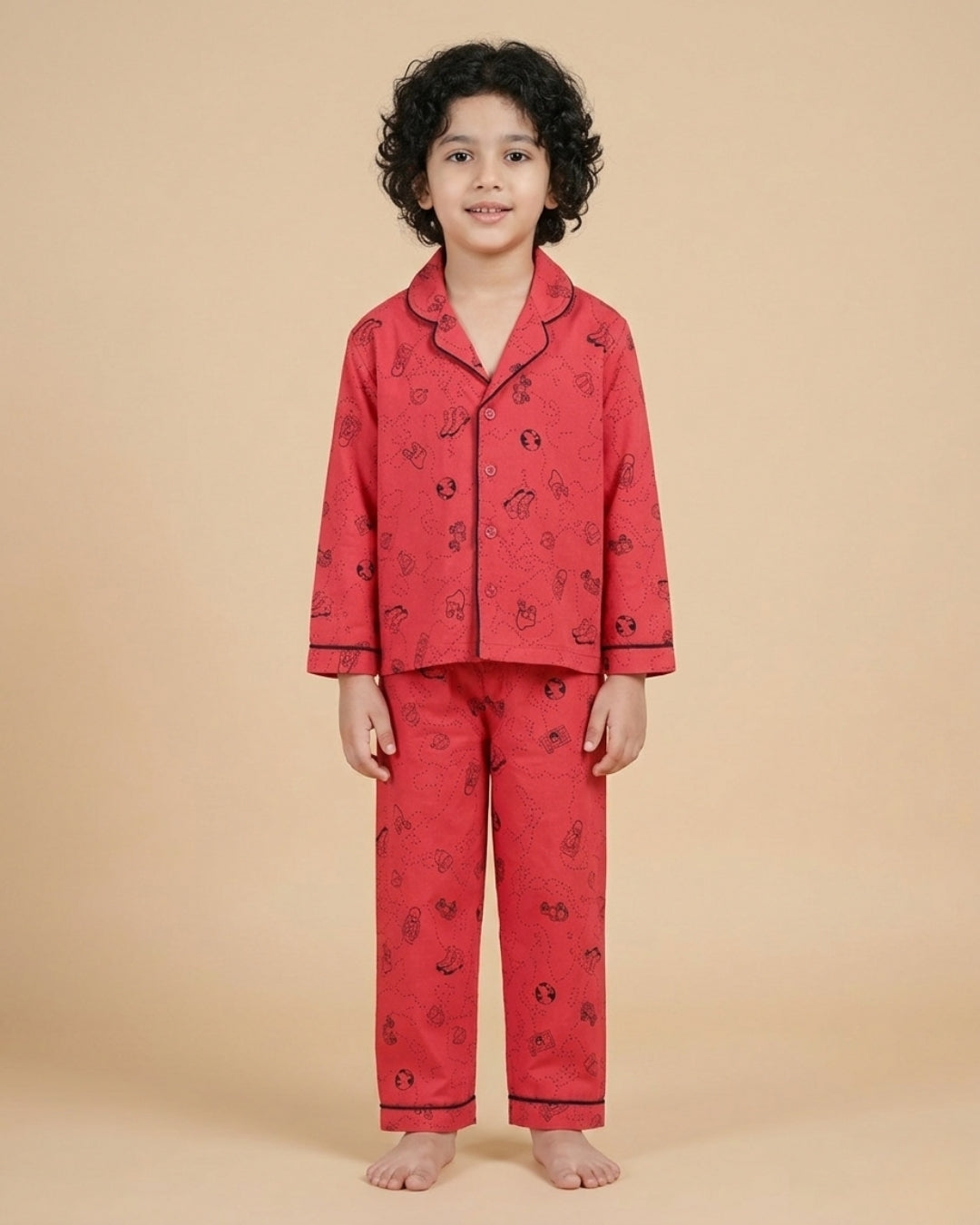 Red Premium Cotton Full Sleeves Car Printed Collar Style Nightsuit for Kids