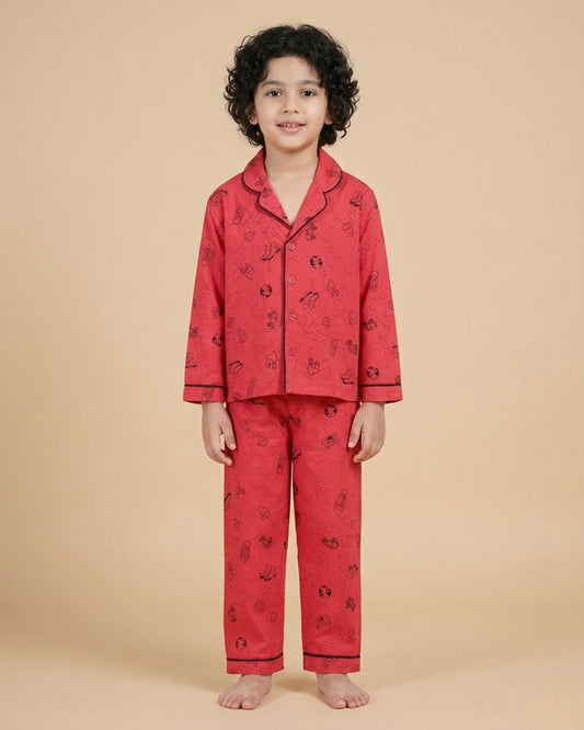 Red Premium Cotton Full Sleeves Car Printed Collar Style Nightsuit for Kids