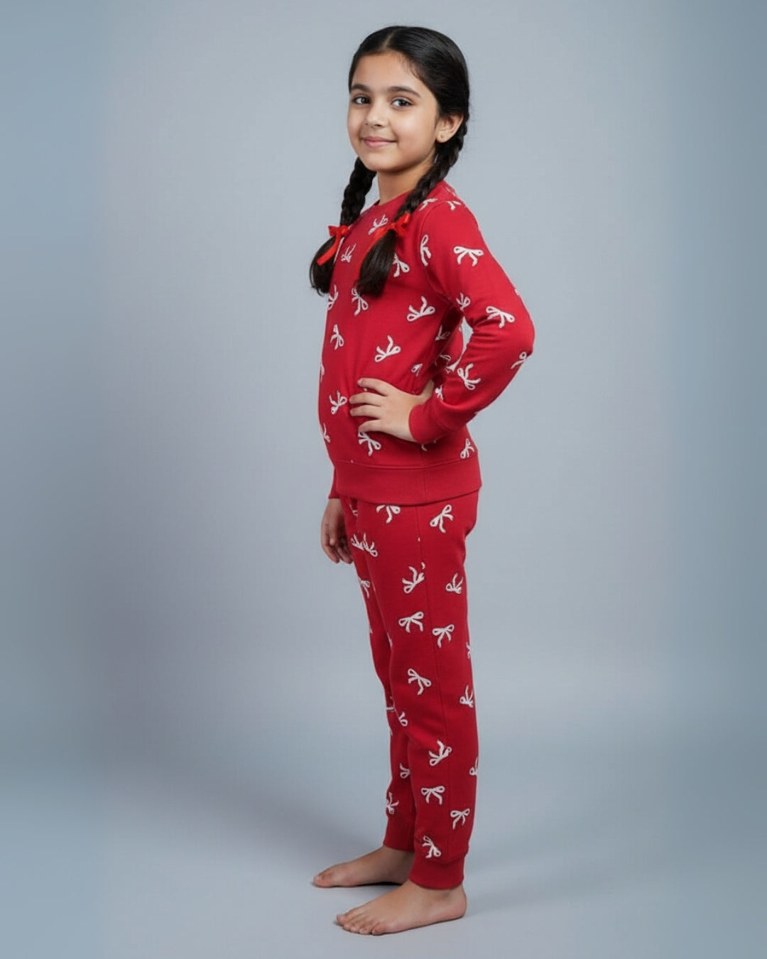 Red Signature Cotton Bow Printed Jogger Set for Girls