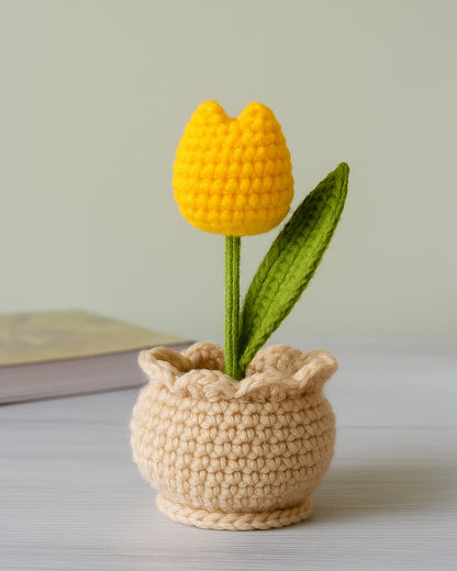 Handmade Yellow Crochet Tulip Flower with Pot