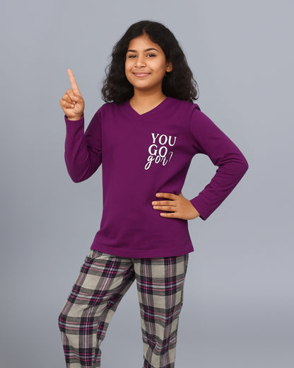 Purple Typography Printed Nightwear for Girls