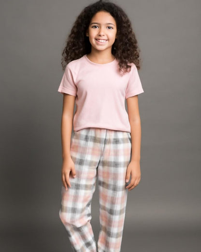 Light Pink Premium Cotton Checks Printed Half Sleeves T-Shirt & Pyjama Set for Girls
