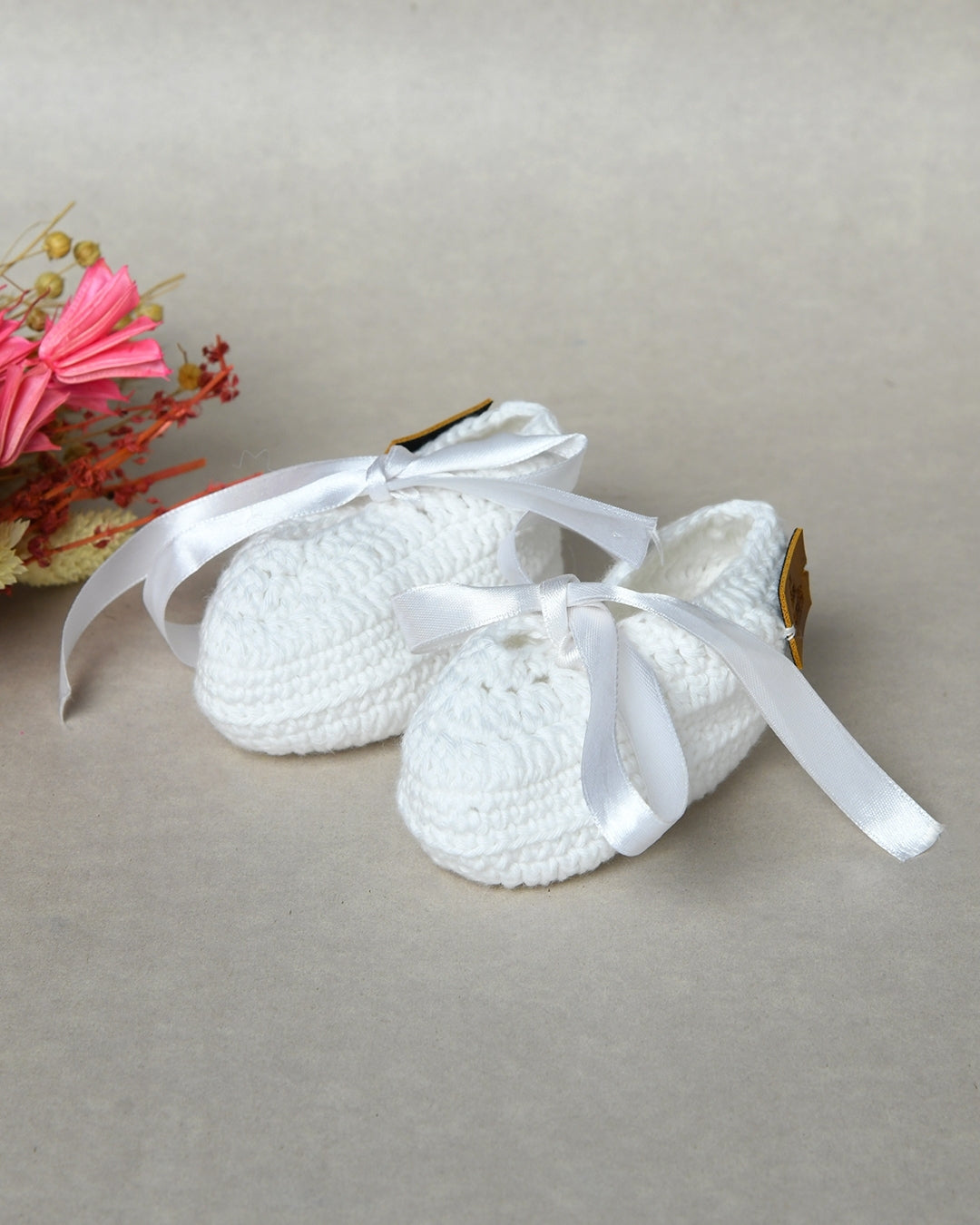 White Handmade Organic Thread Crochet Booties with Cute Bow Design
