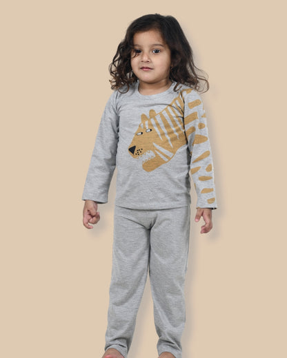 Grey Tiger Printed Cotton Night Suit for Kids