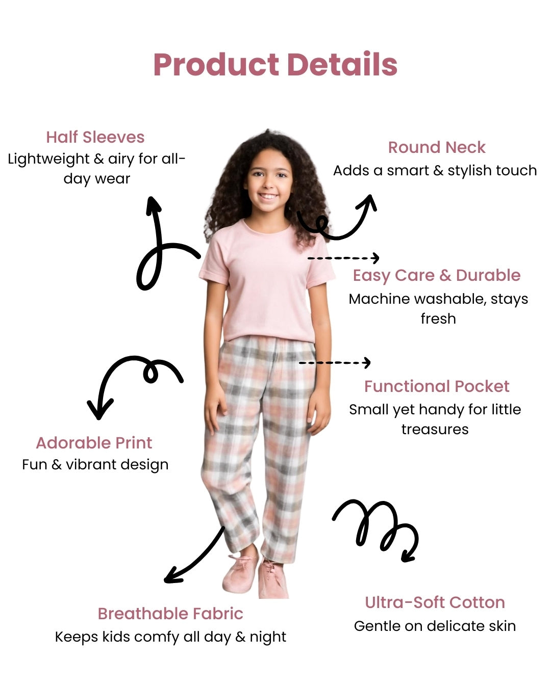 Light Pink Premium Cotton Checks Printed Half Sleeves T-Shirt & Pyjama Set for Girls