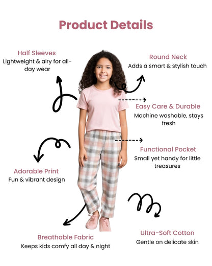 Light Pink Premium Cotton Checks Printed Half Sleeves T-Shirt & Pyjama Set for Girls