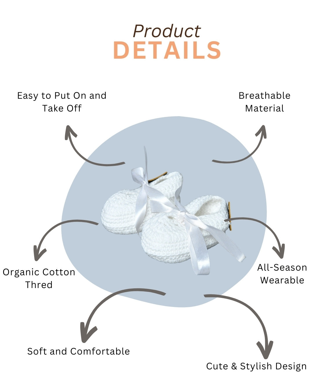 White Handmade Organic Thread Crochet Booties with Cute Bow Design