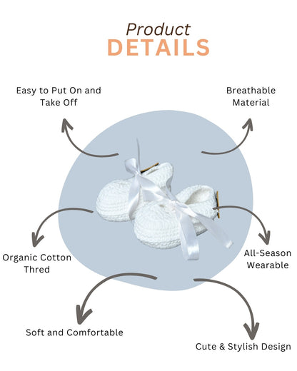 White Handmade Organic Thread Crochet Booties with Cute Bow Design