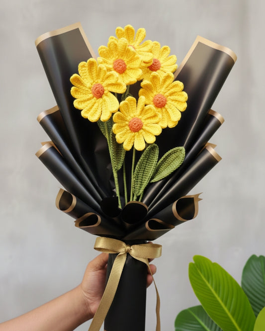 Handmade Crochet Yellow Daisy Flower Bouquet