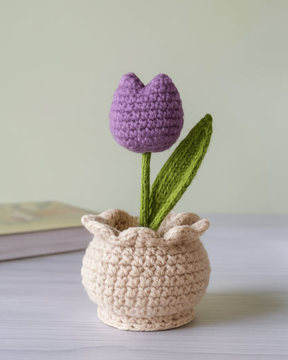 Handmade Crochet Mauve Tulip Flower with Pot