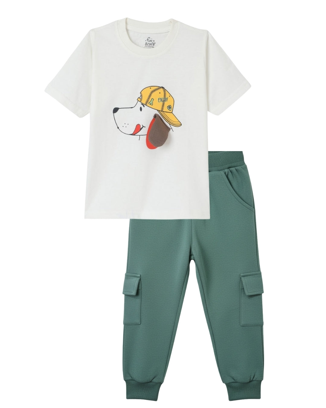 Puppy Printed Premium Cotton Half Sleeves White T-Shirt with Green Jogger for Boys