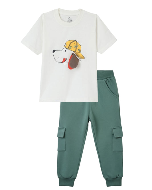 Puppy Printed Premium Cotton Half Sleeves White T-Shirt with Green Jogger for Boys