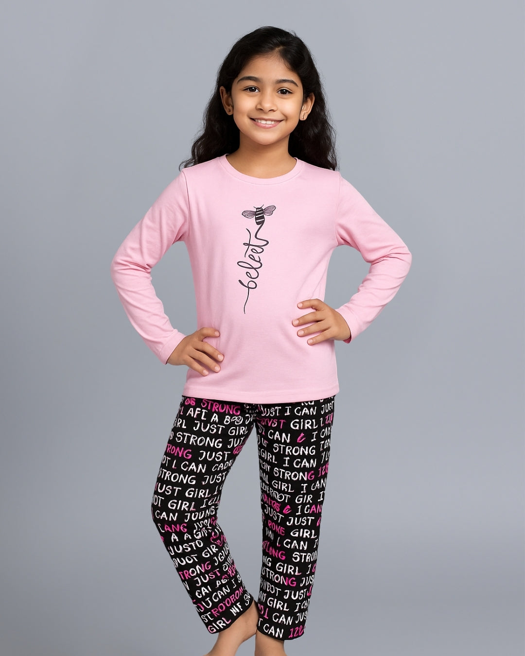 Pink & Black Typography Printed Night Dress for Girls