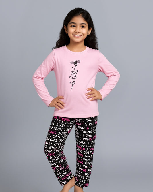 Pink & Black Typography Printed Night Dress for Girls