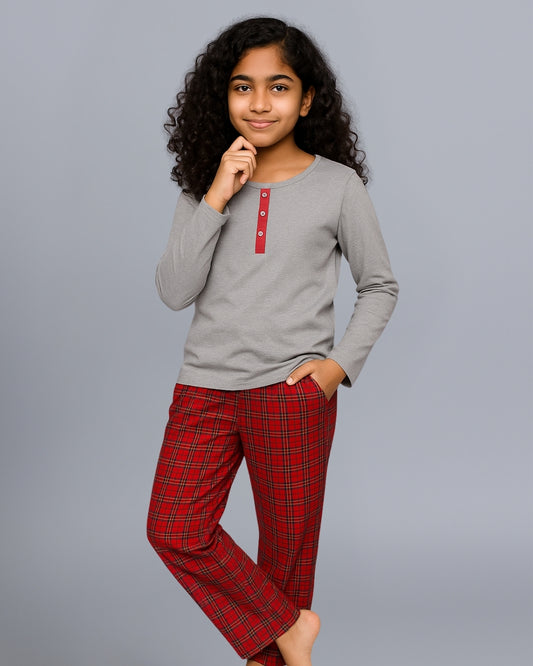 Red & Grey Checks Printed Cotton Nightwear for Girls