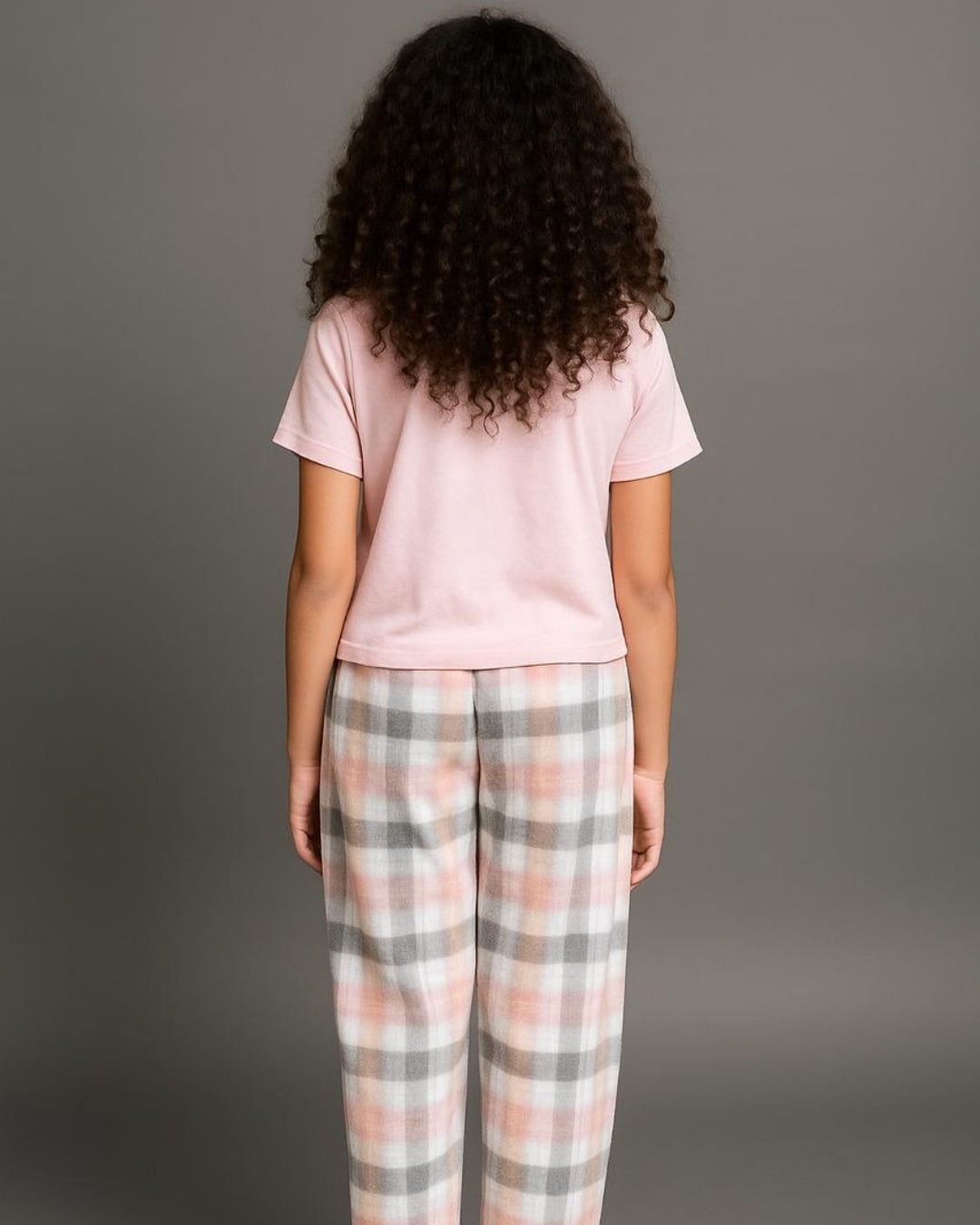 Light Pink Premium Cotton Checks Printed Half Sleeves T-Shirt & Pyjama Set for Girls