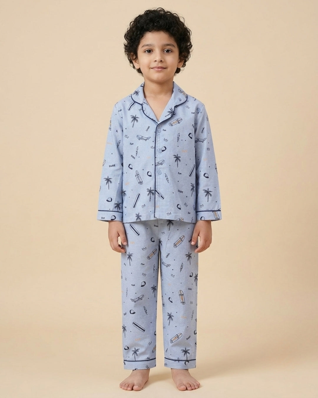 Blue Premium Cotton Full Sleeves Graphic Printed Collar Style Nightsuit for Boys & Girls