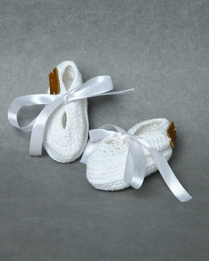 White Handmade Organic Thread Crochet Booties with Cute Bow Design