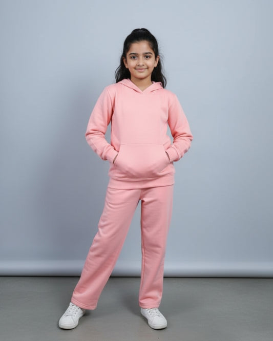 Pink Premium Cotton Full Sleeves Slid Hooded Jogger Set for Girls