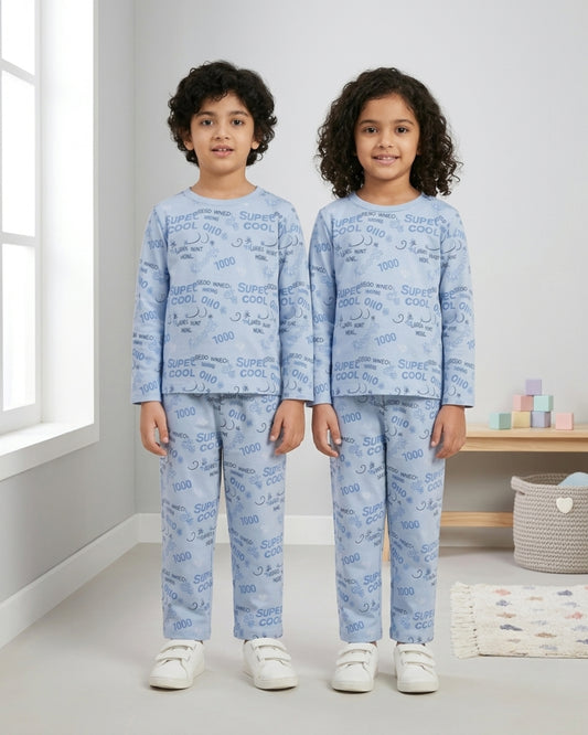 Blue Pure Cotton Cool Typographic Printed Full Sleeves T-Shirt & Pyjama Set for Boys
