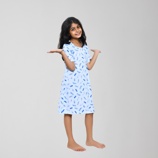 Blue Feather Printed Cotton Night Dress for Girls