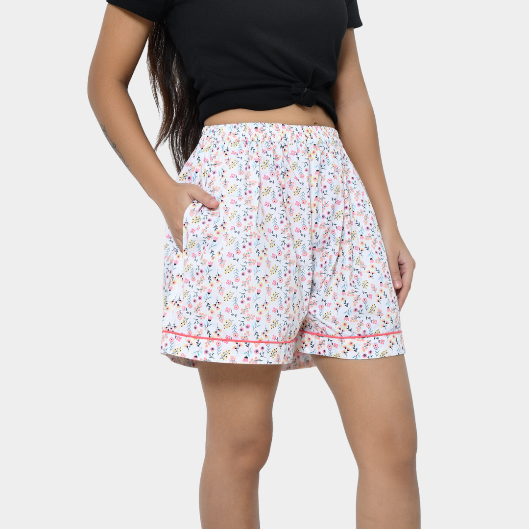 White & Pink Floral Printed Girls Cotton Shorts