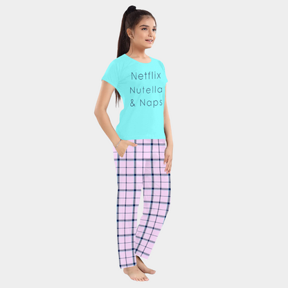 Blue Checks Printed Cotton Night Suit for Girls