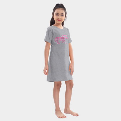 Grey Horse Printed Cotton Night Dress for Girls