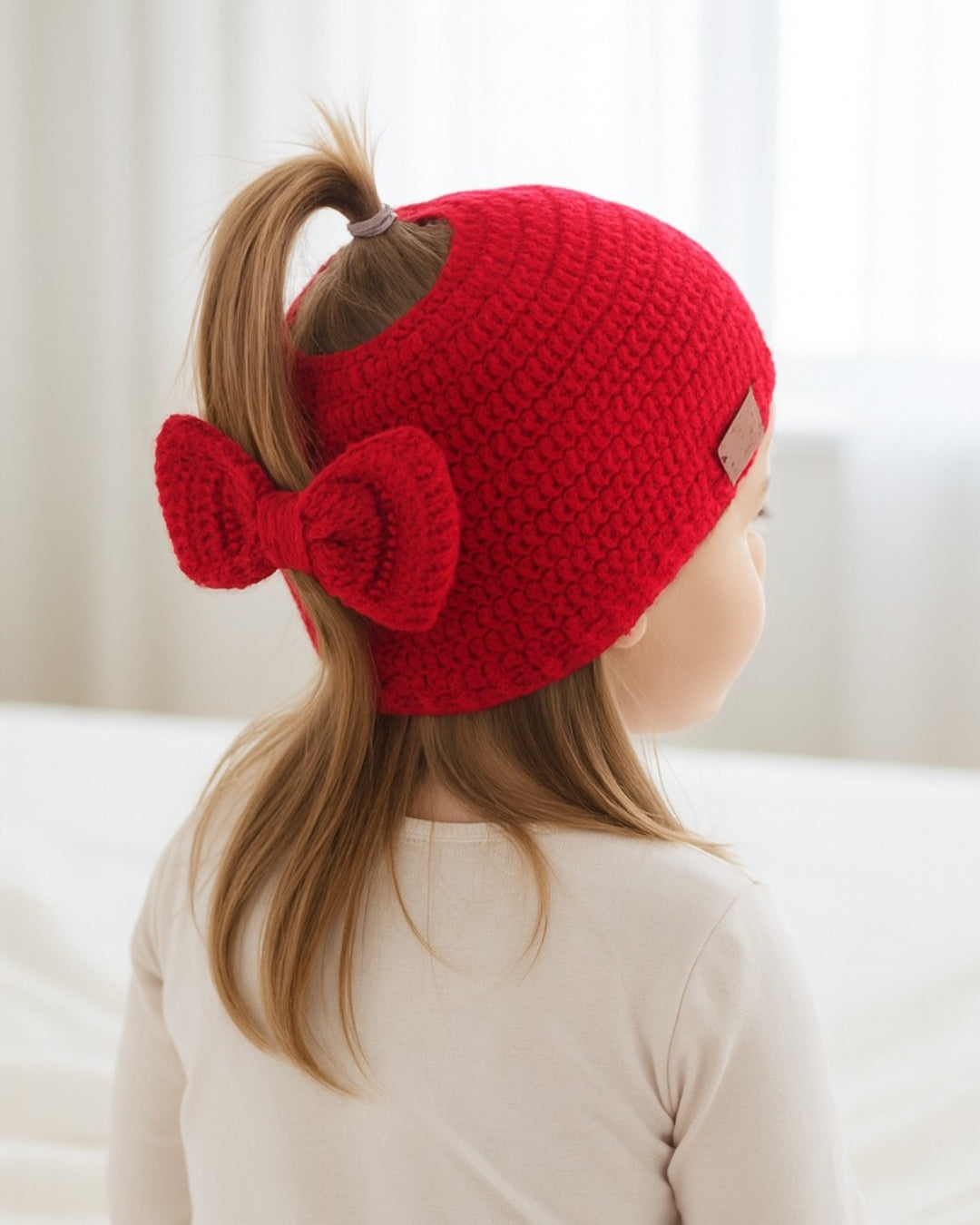 Red Self Design Beanie Handmade Knitted Woollen Cap for Girls & Boys