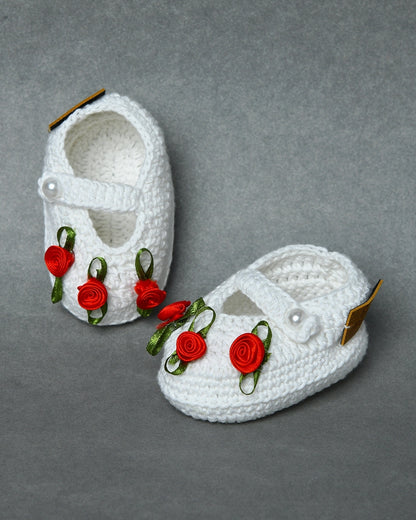 White Handmade Organic Thread Crochet Booties with Red Floral Embellishment for Girls