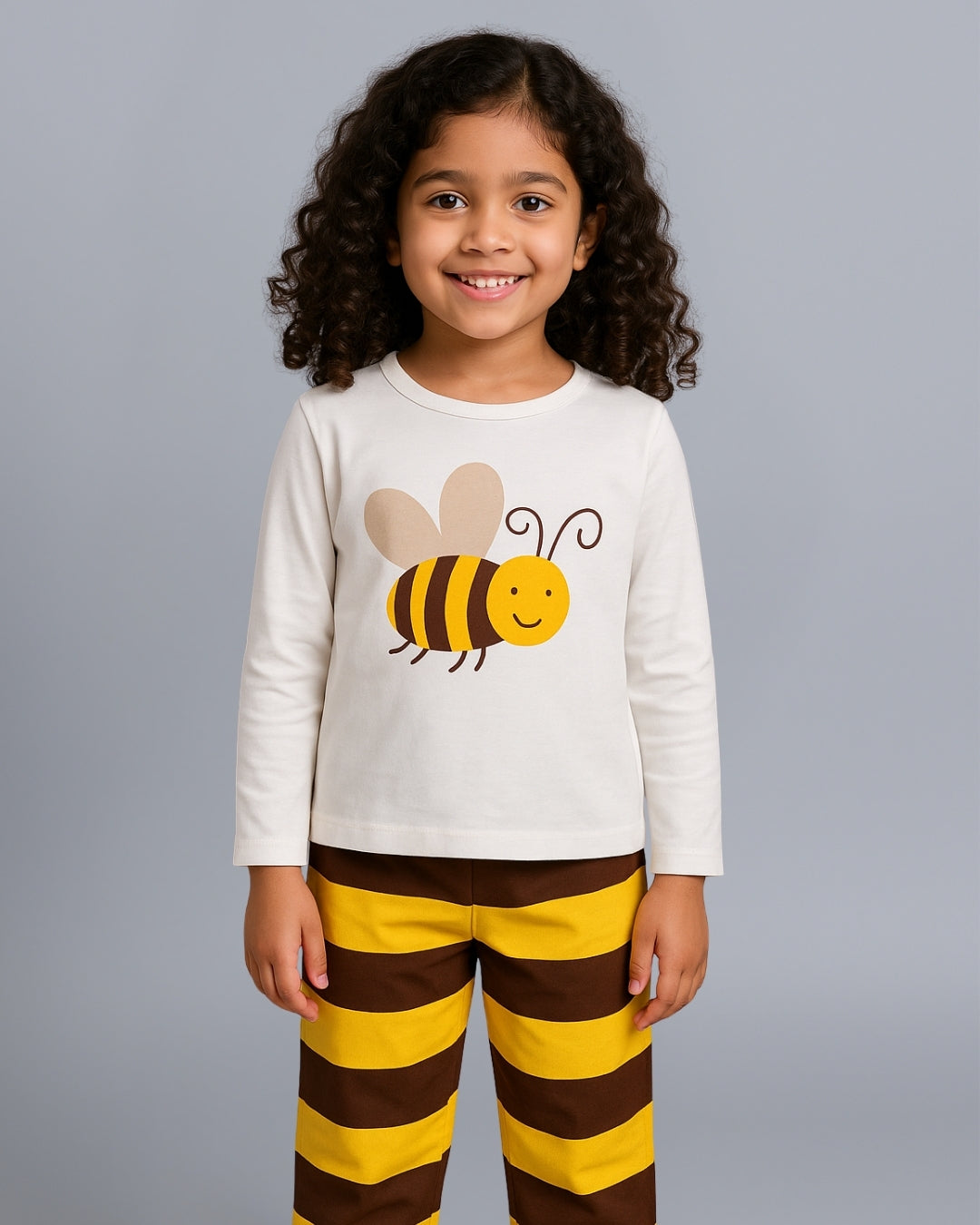Off White & Brown Honey Bee Printed Unisex Cotton Loungewear for Kids